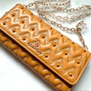 Valentino Diamond-shaped Embellished Chain Wallet Whiskey Leather Crossbody
